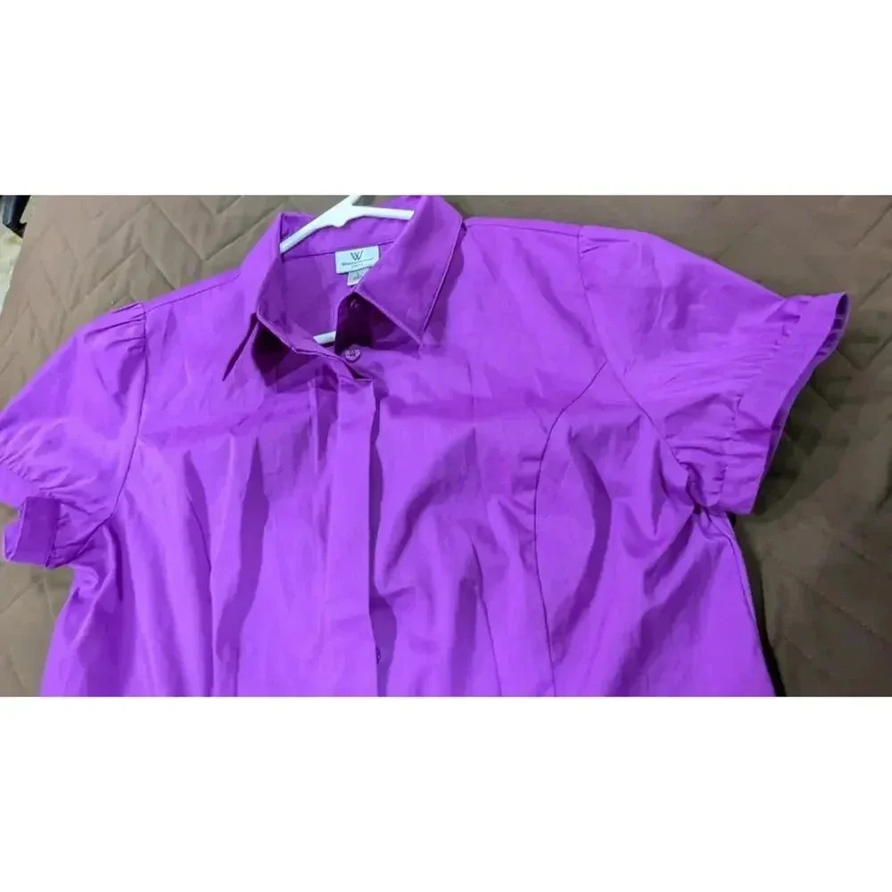Purple short sleeve button up dress blouse, Worthington size Large - Picture 8 of 8
